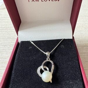Helzberg - Pearl & Diamond Sterling Silver Heart Necklace.